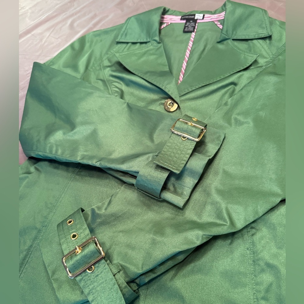 Saks Fifth Avenue Trench Coat Jacket Womens Size 14/XL Metallic Green $400 - Picture 4 of 15